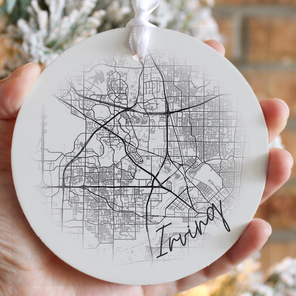 Minimalistic B&W Texas Irving Circle Map | Wood Ornament | Eaches | Min 6