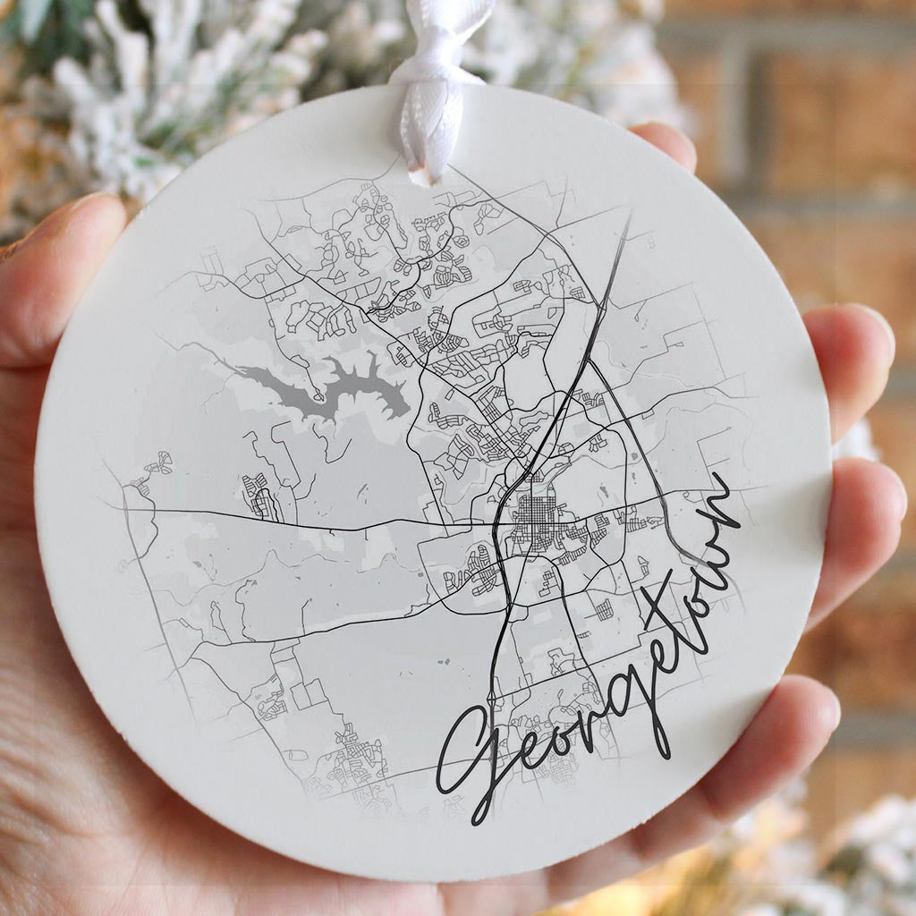 Minimalistic B&W Texas Georgetown Circle Map | Wood Ornament | Eaches | Min 6