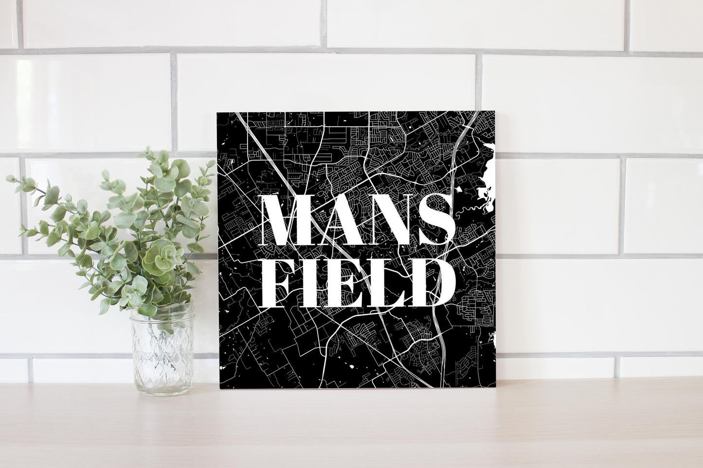 Minimalistic B&W Texas Mansfield Map | Wood Sign | Eaches | Min 2