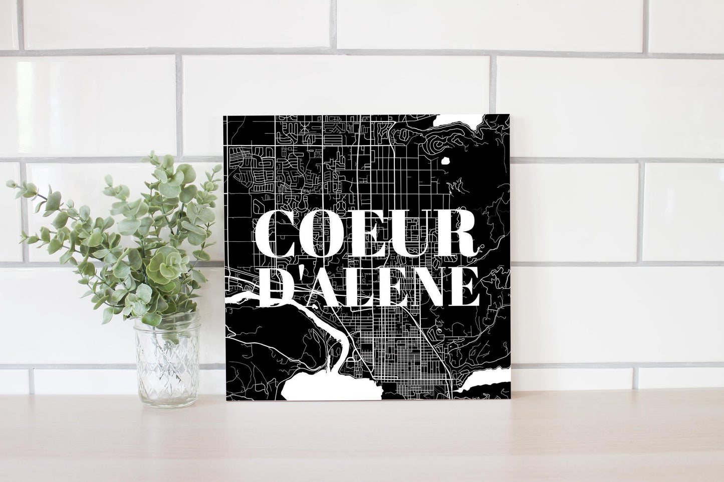 Minimalist B&W Idaho Coeur Dalene Map | Wood Sign | Eaches | Min 2