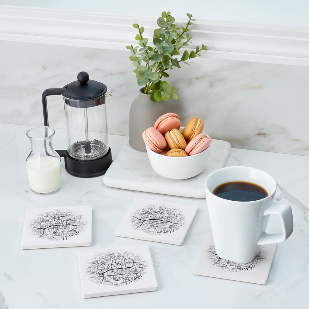 Minimalistic B&W Texas Hurst Circle Map | Absorbent Coasters | Set of 4 | Min 2