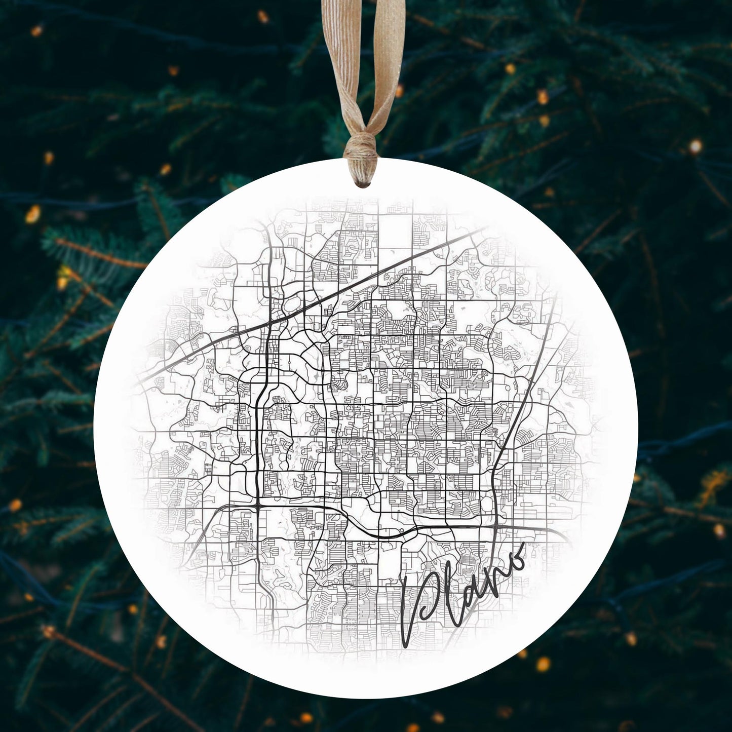 Minimalistic B&W Texas Plano Circle Map | Wood Ornament | Eaches | Min 1