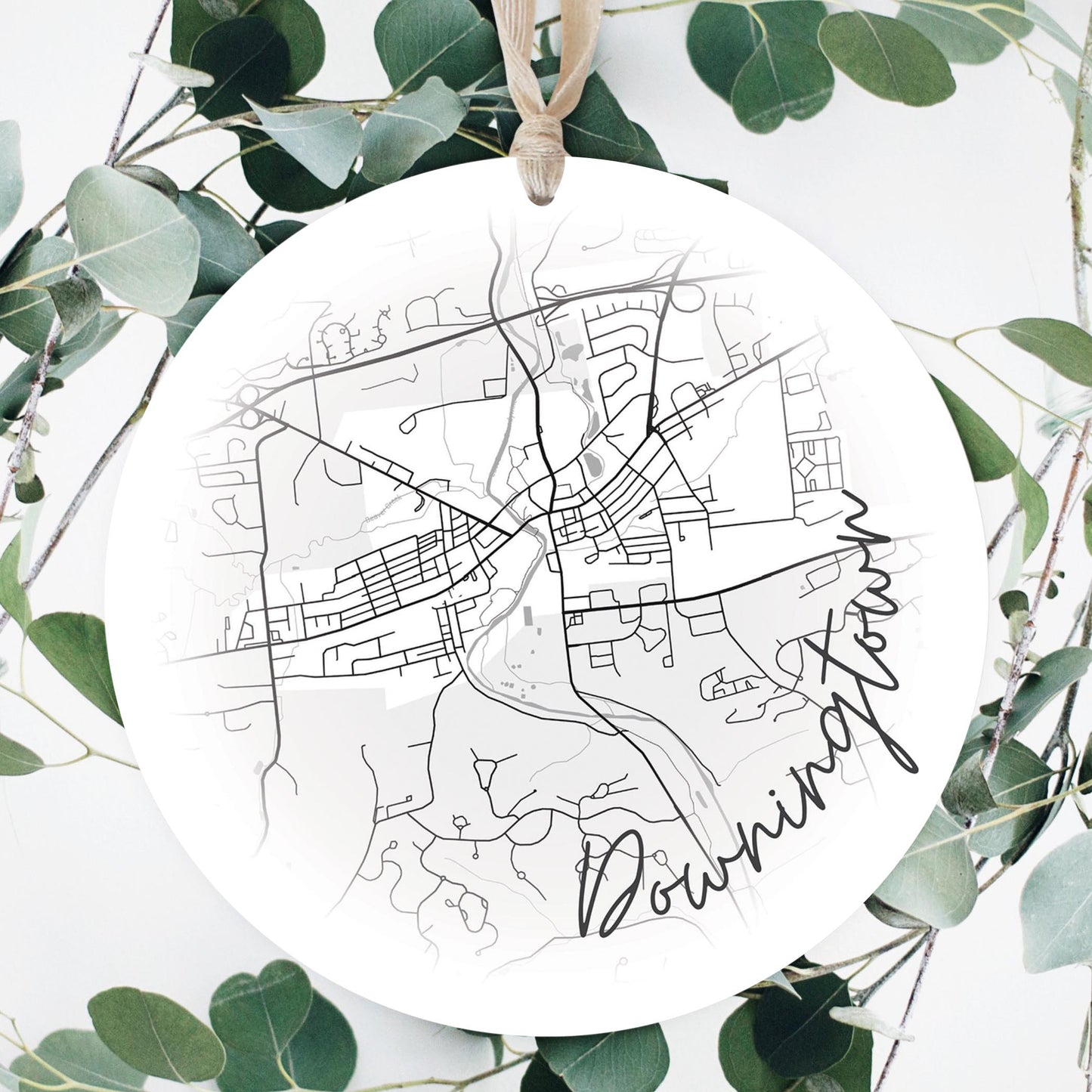 Minimalistic B&W Pennsylvania Downingtown Circle Map | Wood Ornament | Eaches | Min 1