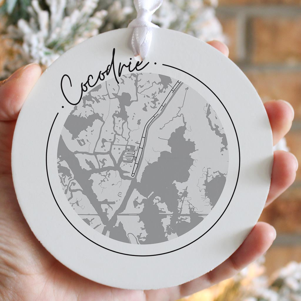 Minimalist B&W Louisiana Cocodrie Circle Map | Wood Ornament | Eaches | Min 6