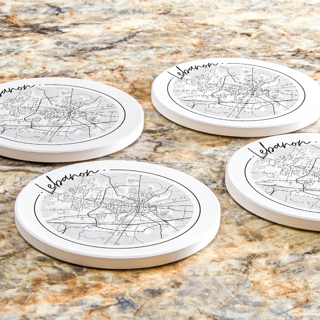 Minimalist B&W Tennessee Lebanon Circle Map | Absorbent Coasters | Set of 4 | Min 2