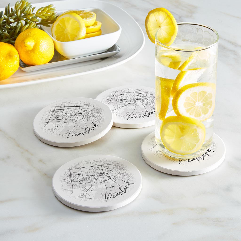 Minimalistic B&W Texas Pearland City Circle Map | Absorbent Coasters | Set of 4 | Min 2