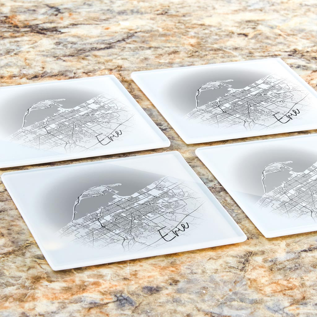 Minimalistic B&W Pennsylvania Erie Circle Map | Hi-Def Glass Coasters | Set of 4 | Min 2