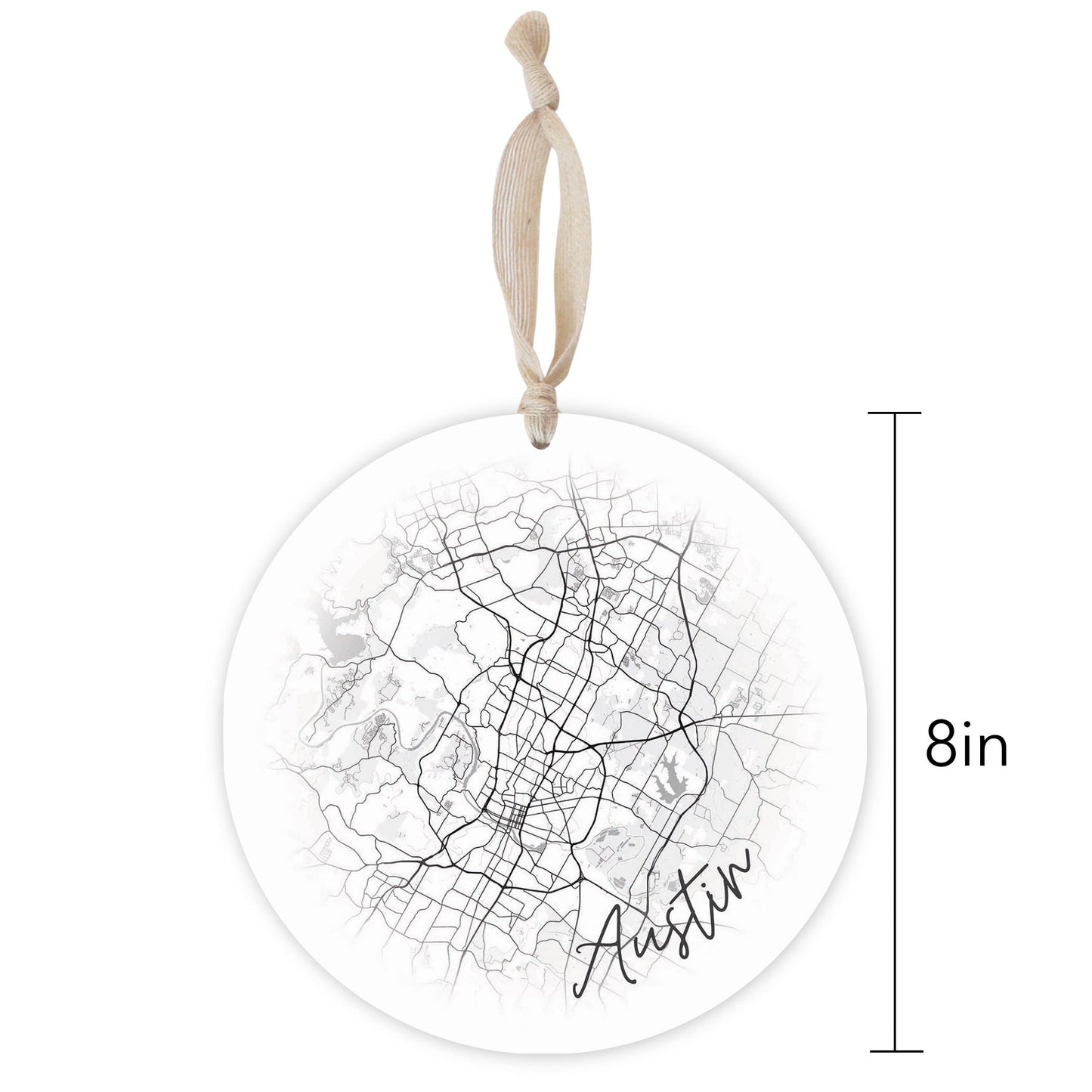 Minimalistic B&W Texas Austin Circle Map | Wood Ornament | Eaches | Min 1