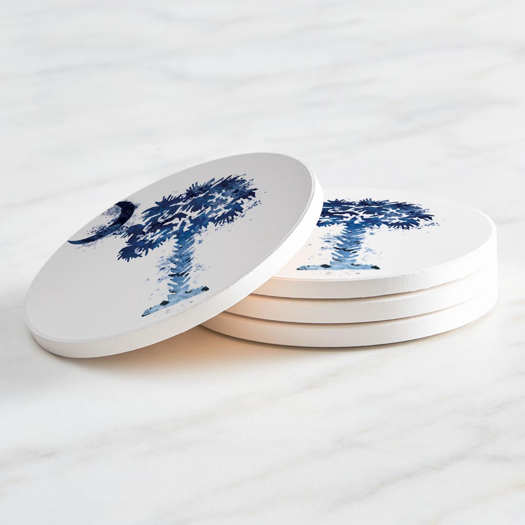 South Carolina Blue Water Color Palm Trees On White | Absorbent Coasters | Set of 4 | Min 2