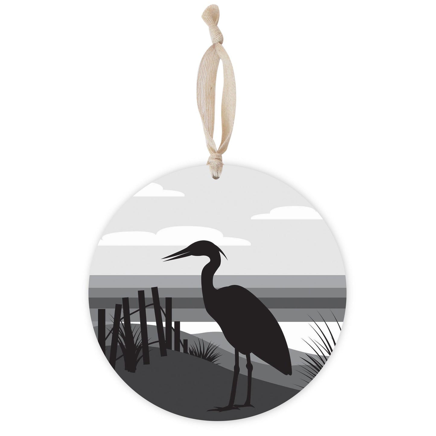 Minimalistic B&W Cape Cod Heron Illustration | Wood Ornament | Eaches | Min 1