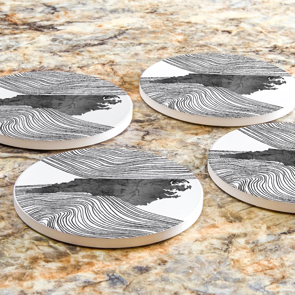 Minimalistic B&W North Carolina State With Fluid Lines | Absorbent Coasters | Set of 4 | Min 2