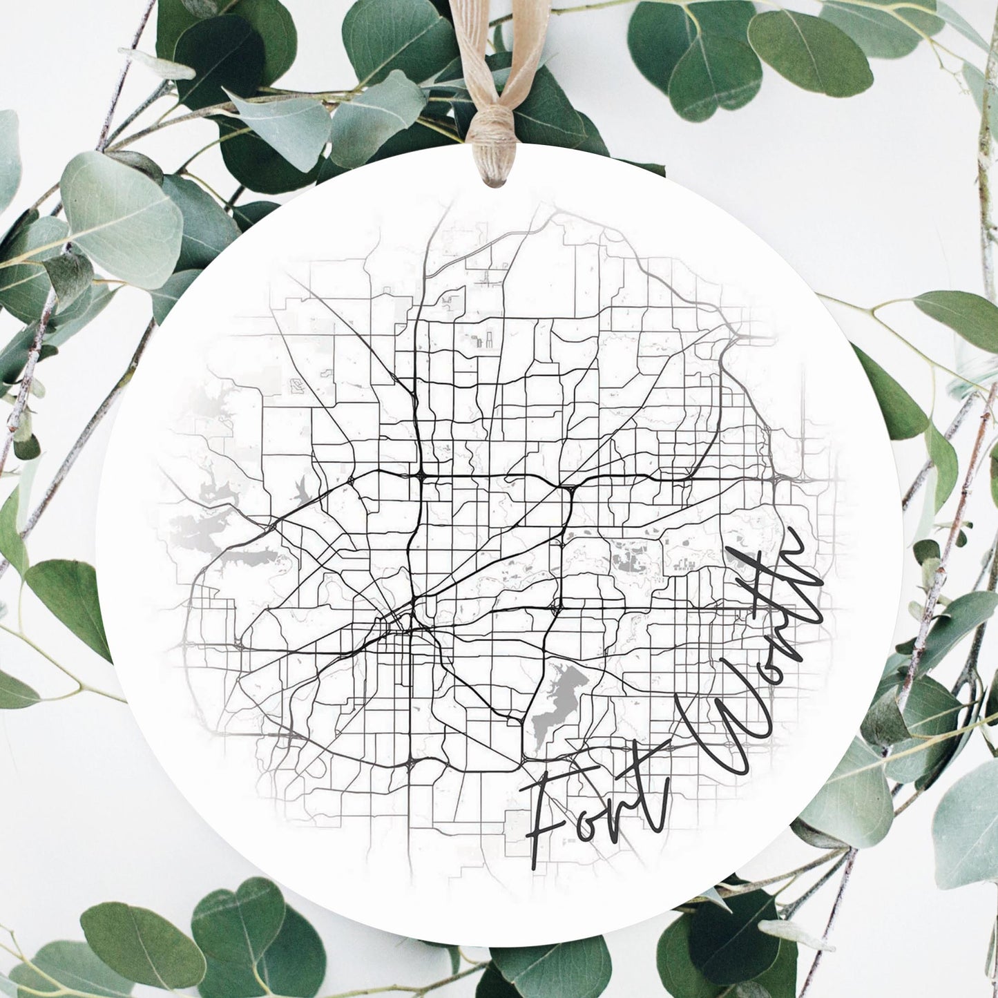 Minimalistic B&W Texas Fort Worth Circle Map | Wood Ornament | Eaches | Min 1