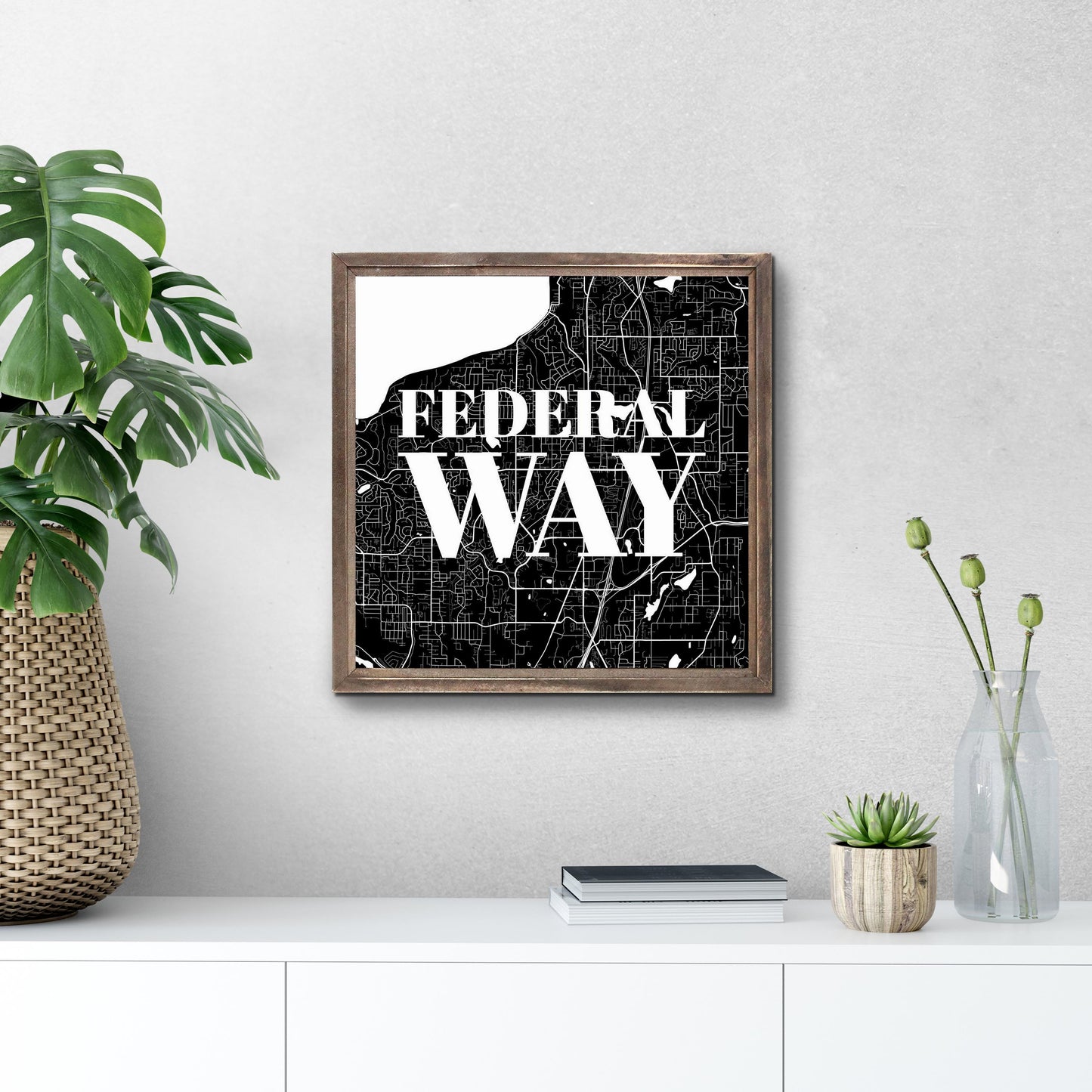 Minimalistic B&W Washington Federal Way Map | Wood Sign | Eaches | Min 1