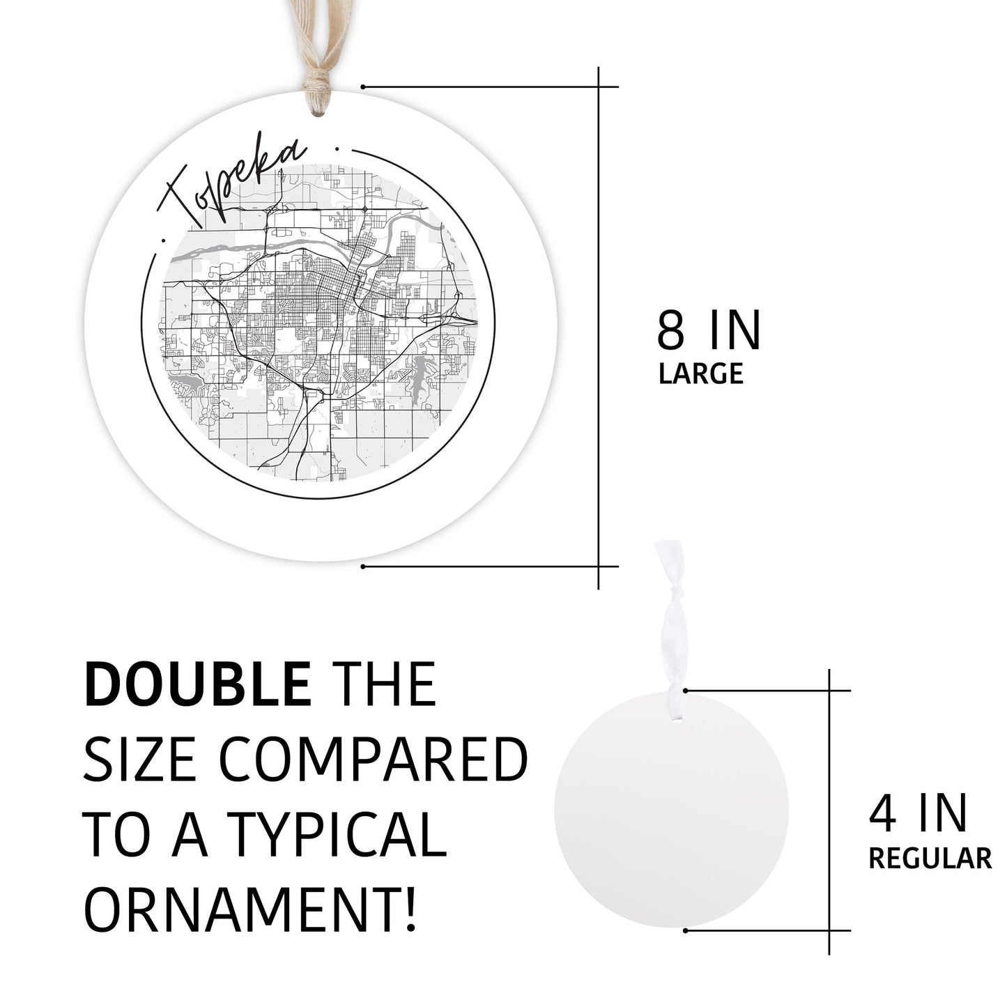 Minimalist B&W Kansas Topeka Circle Map | Wood Ornament | Eaches | Min 1