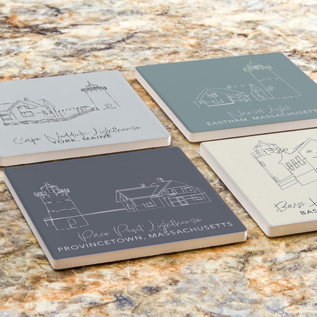 New England Lighthouses Muted Coastal | Absorbent Coasters | Set of 4 | Min 2