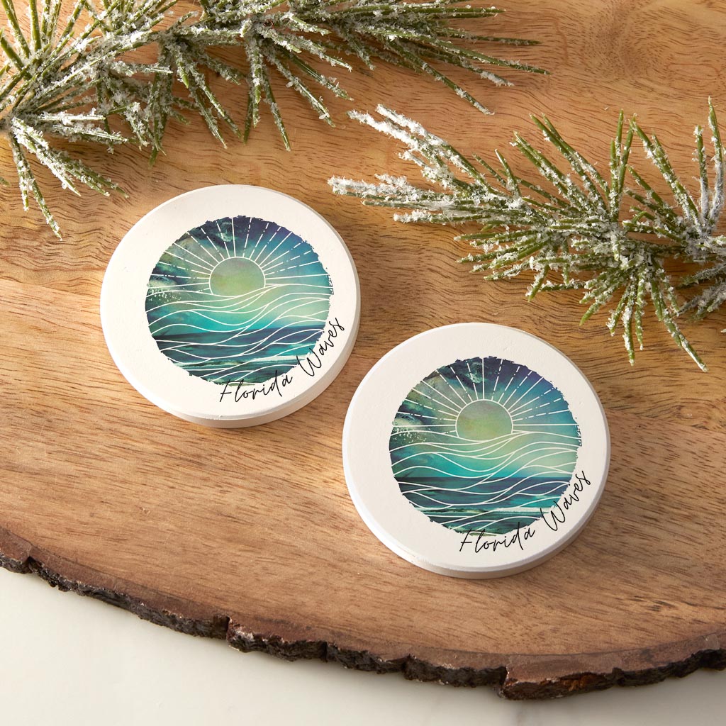 Florida Waves Blue Art | Absorbent Car Coasters | Set of 2 | Min 4