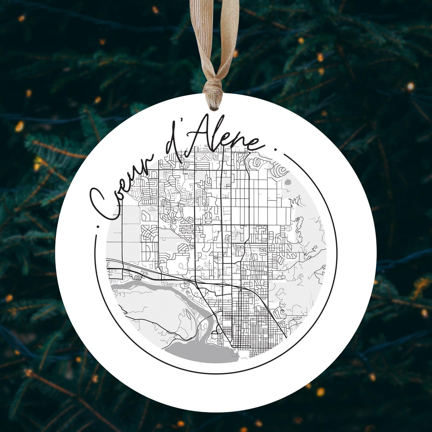 Minimalist B&W Idaho Coeur Dalene Circle Map | Wood Ornament | Eaches | Min 1