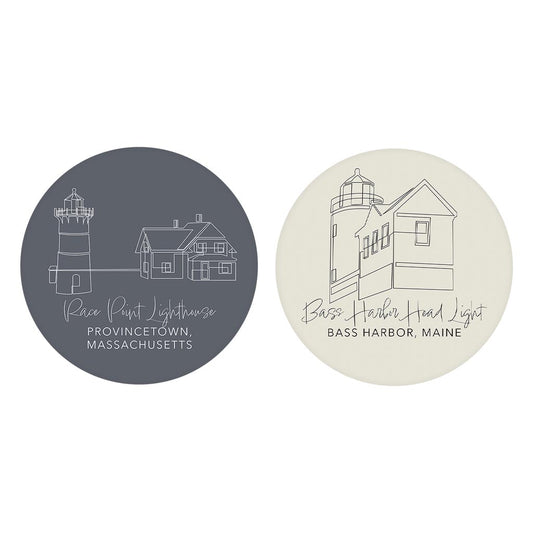 New England Lighthouses Muted Coastal | Absorbent Car Coasters | Set of 2 | Min 4