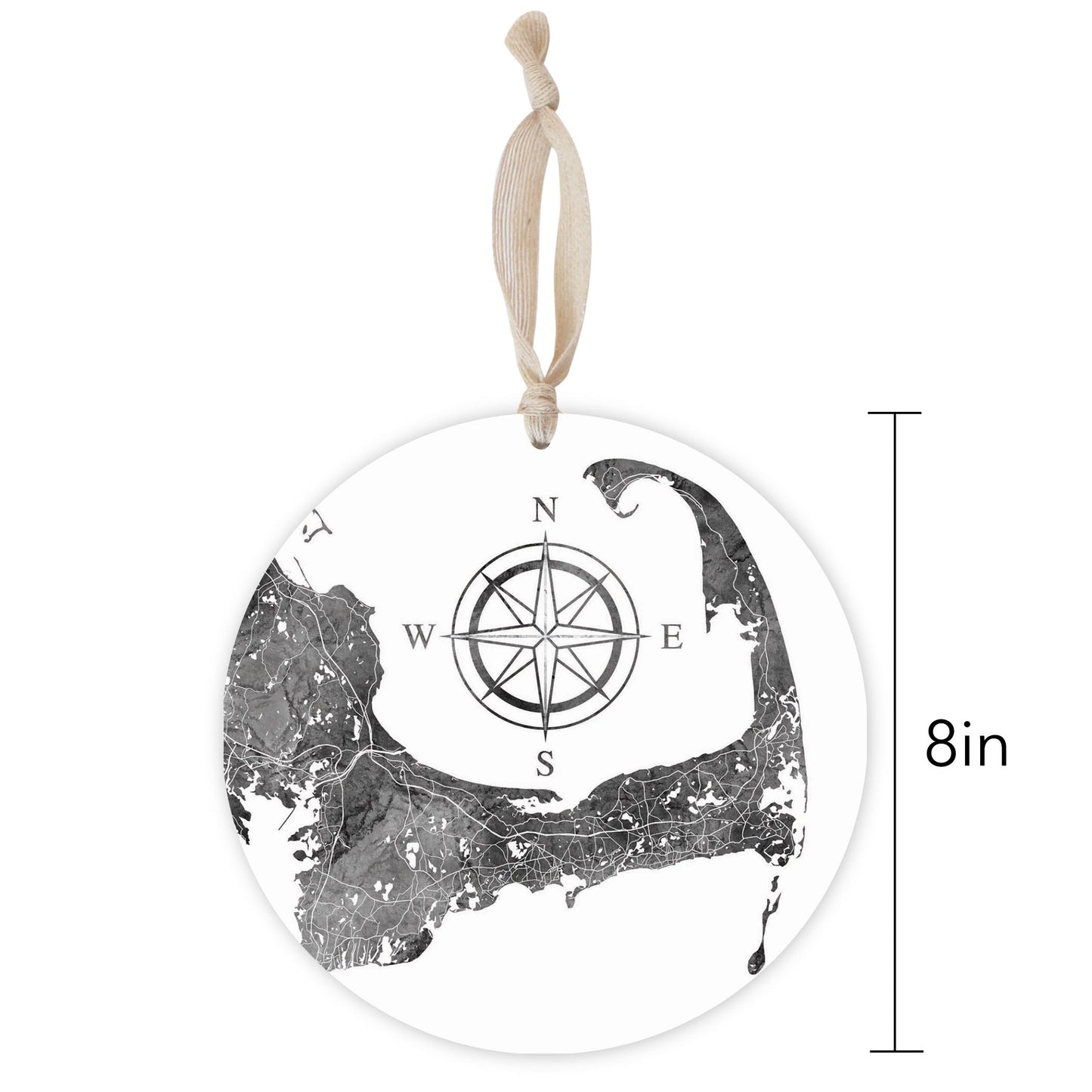 Minimalistic B&W Cape Cod Map With Compass | Wood Ornament | Eaches | Min 1