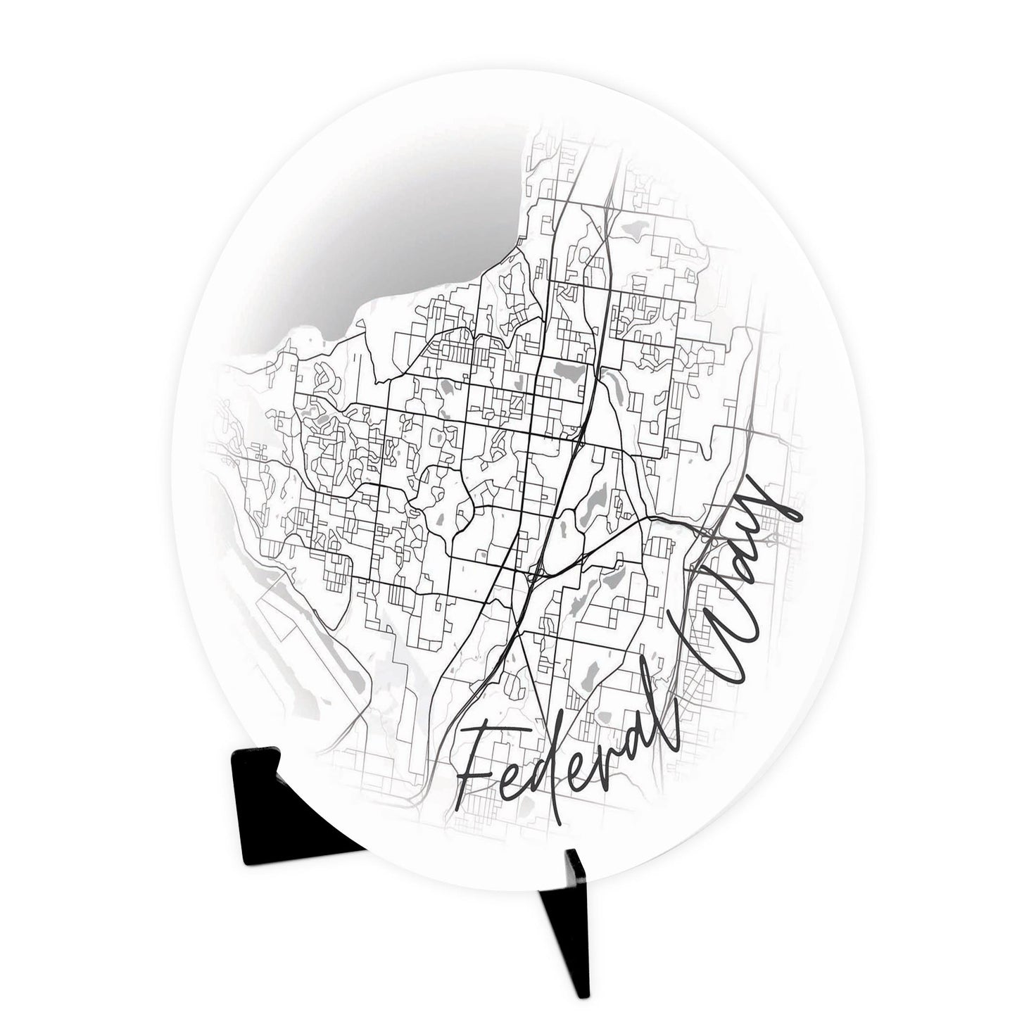 Minimalistic B&W Washington Federal Way Circle Map | Wood Sign | Eaches | Min 1