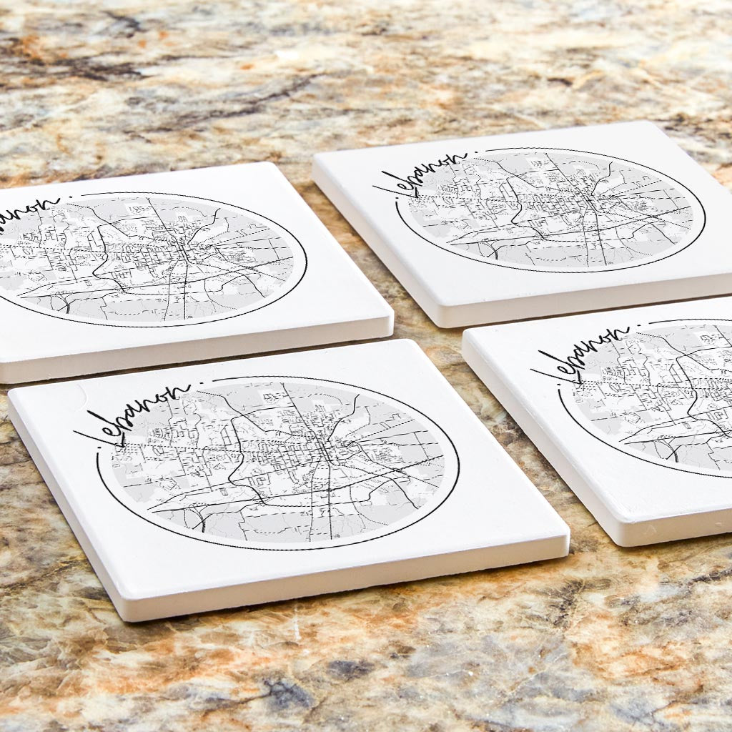 Minimalist B&W Tennessee Lebanon Circle Map | Absorbent Coasters | Set of 4 | Min 2