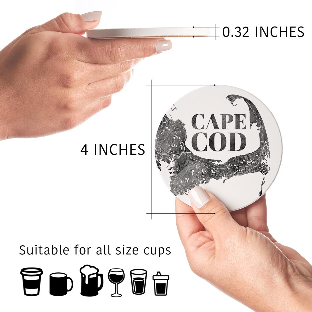 Minimalistic B&W Cape Cod Map| Absorbent Coasters | Set of 4 | Min 2