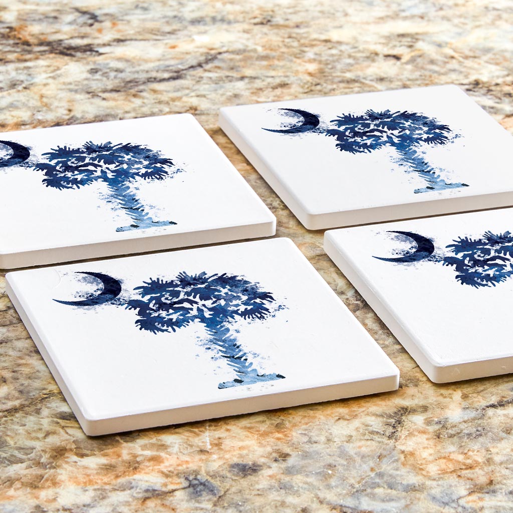 South Carolina Blue Water Color Palm Tree On White| Absorbent Coasters | Set of 4 | Min 2