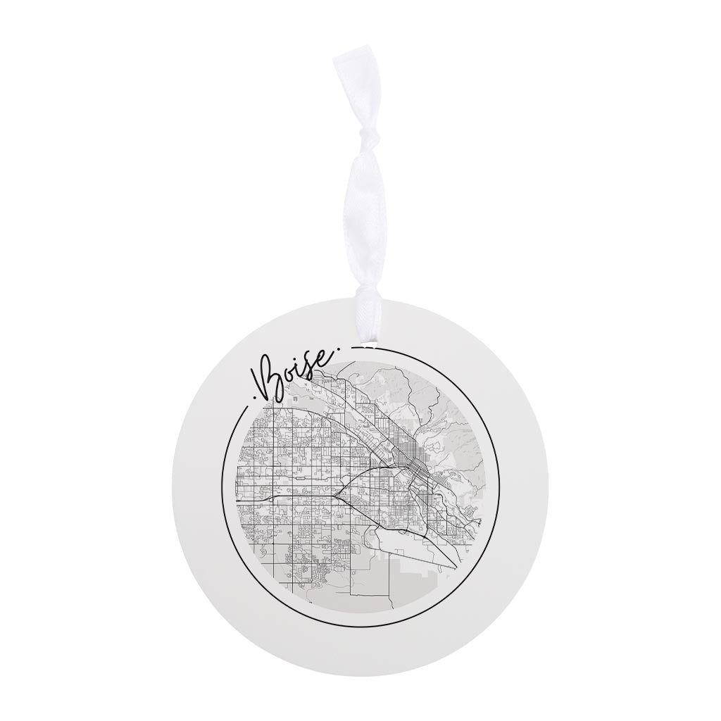 Minimalist B&W Idaho Boise Circle Map | Wood Ornament | Eaches | Min 6