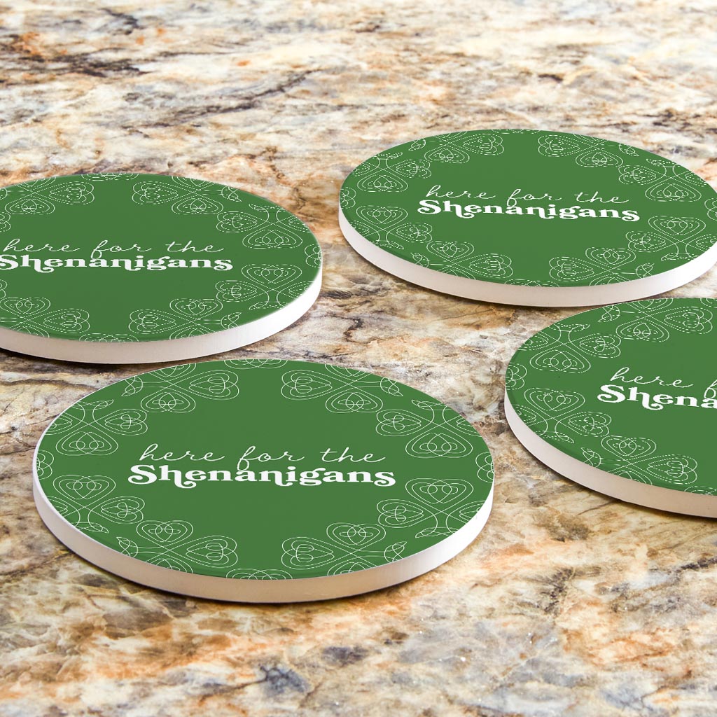 Dark Green Shamrock Here For The Shenanigans | Absorbent Coasters | Set of 4 | Min 2