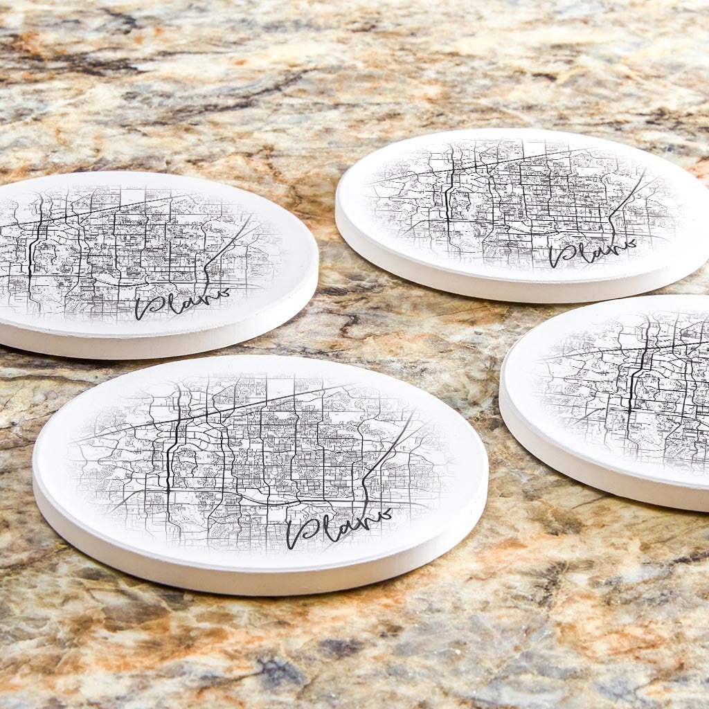 Minimalistic B&W Texas Plano Circle Map | Absorbent Coasters | Set of 4 | Min 2