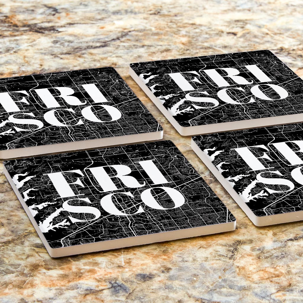 Minimalistic B&W Texas Frisco Map | Absorbent Coasters | Set of 4 | Min 2