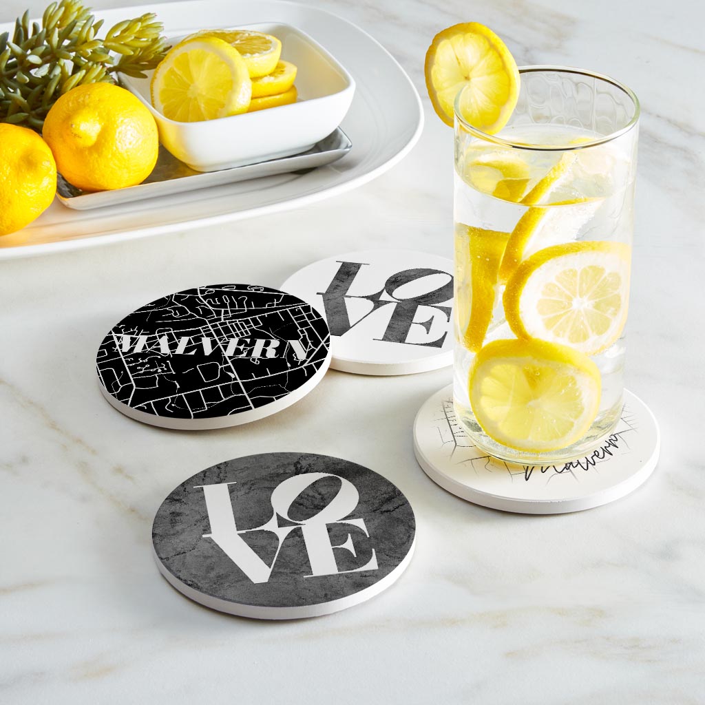 Minimalistic B&W Pennsylvania Malvern Maps Love| Absorbent Coasters | Set of 4 | Min 2