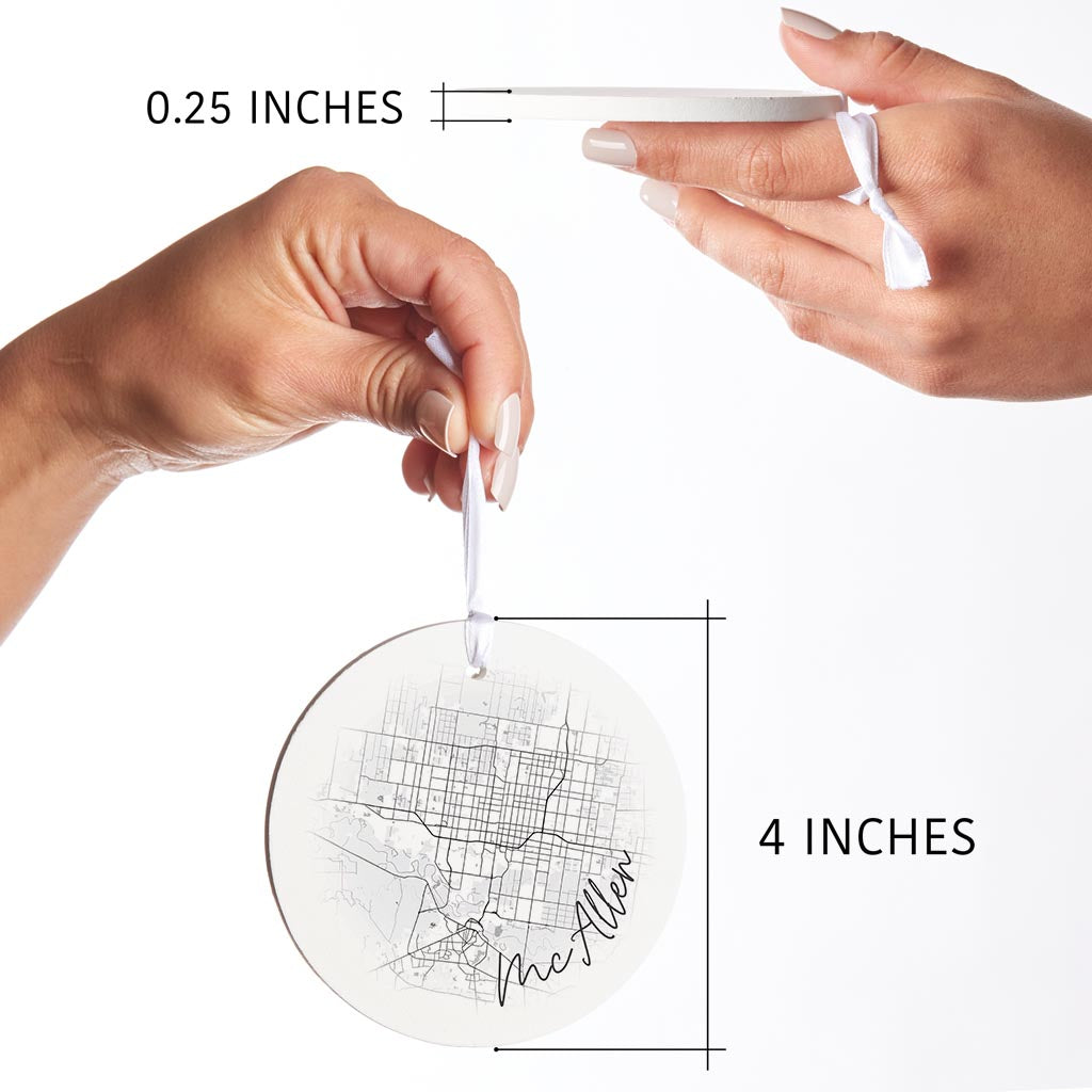 Minimalistic B&W Texas Mcallen Circle Map | Wood Ornament | Eaches | Min 6