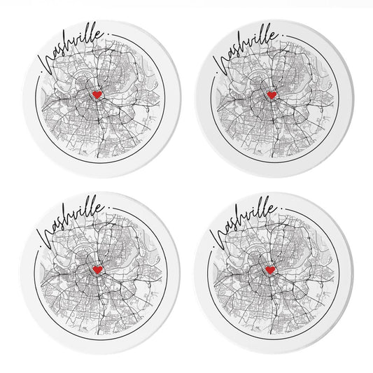 Minimalist B&W Tennessee Nashville Circle Map Heart| Absorbent Coasters | Set of 4 | Min 2