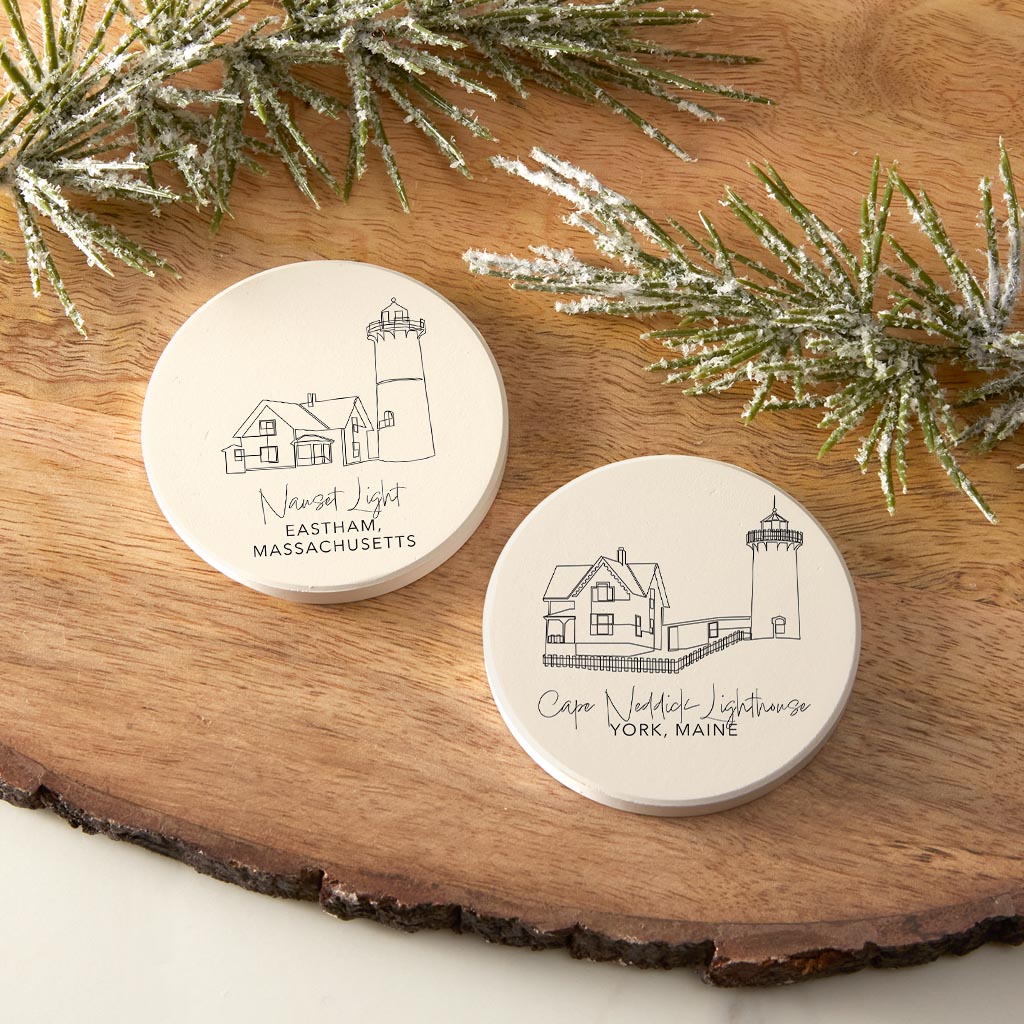 New England Lighthouses Cream Colored | Absorbent Car Coasters | Set of 2 | Min 4