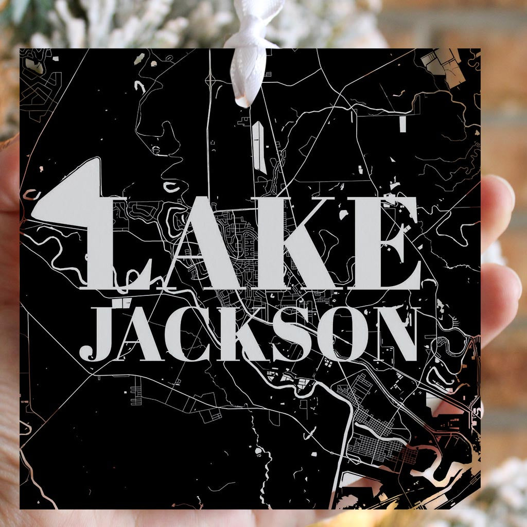 Minimalistic B&W Texas Lake Jackson Map | Wood Ornament | Eaches | Min 6