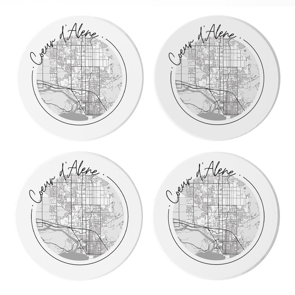 Minimalist B&W Idaho Coeur Dalene Circle Map | Absorbent Coasters | Set of 4 | Min 2