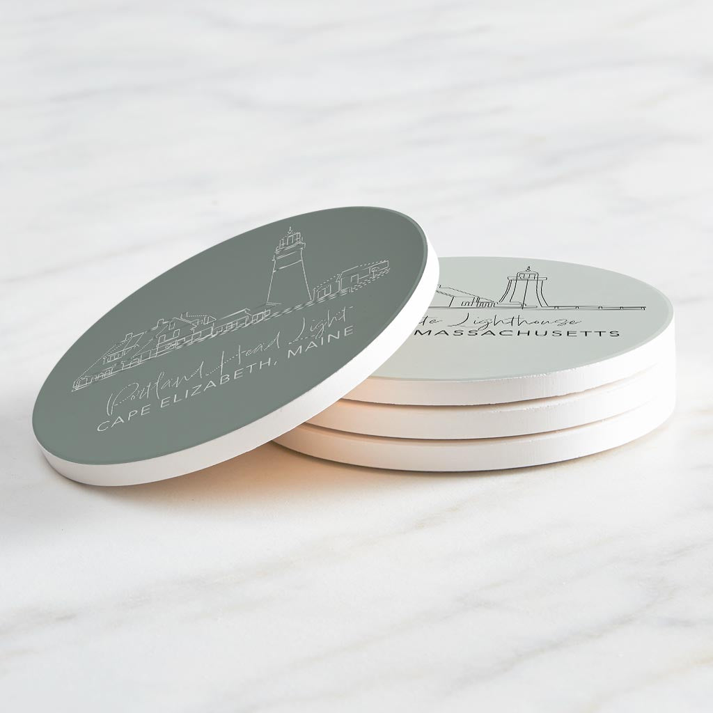 New England Lighthouses Muted Coastal | Absorbent Coasters | Set of 4 | Min 2