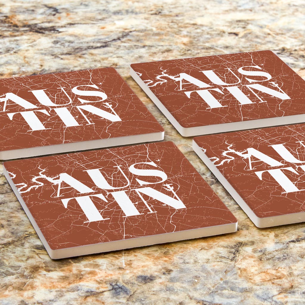 Modern Minimalist Texas Austin Map | Absorbent Coasters | Set of 4 | Min 2