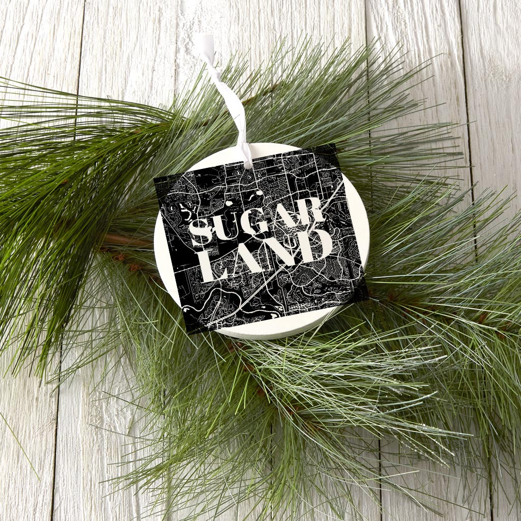 Minimalistic B&W Texas Sugarland Map | Wood Ornament | Eaches | Min 6