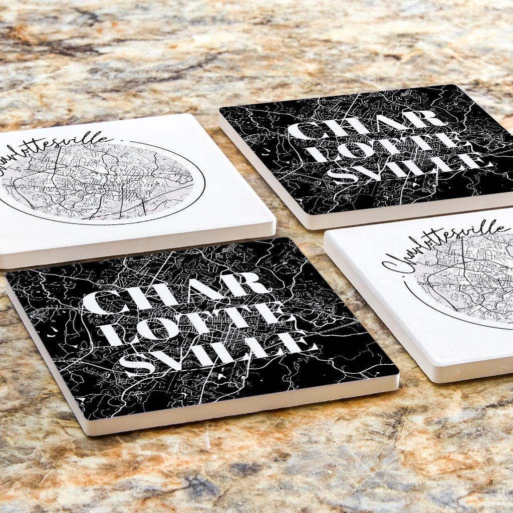 Minimalistic B&W Virginia Charlottesville Maps | Absorbent Coasters | Set of 4 | Min 2