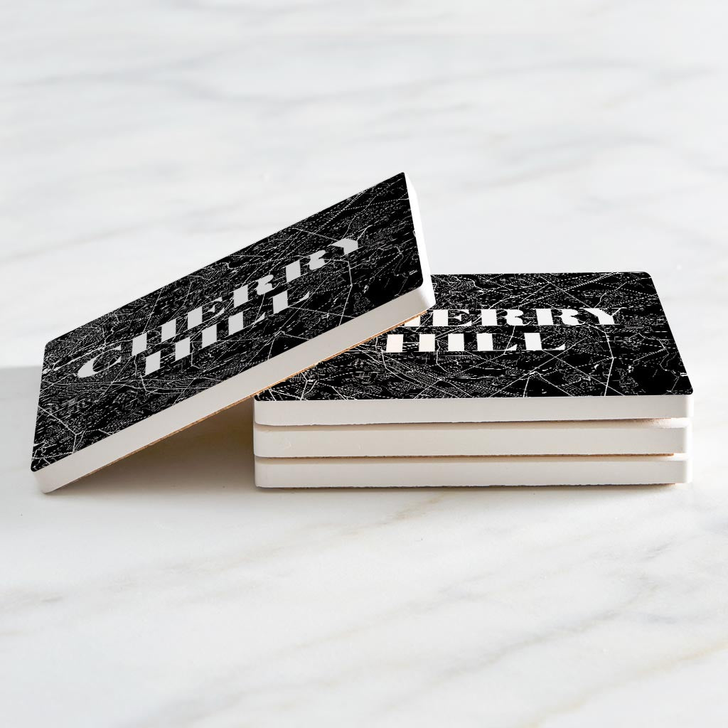 Minimalistic B&W New Jersey Cherry Hill Map | Absorbent Coasters | Set of 4 | Min 2