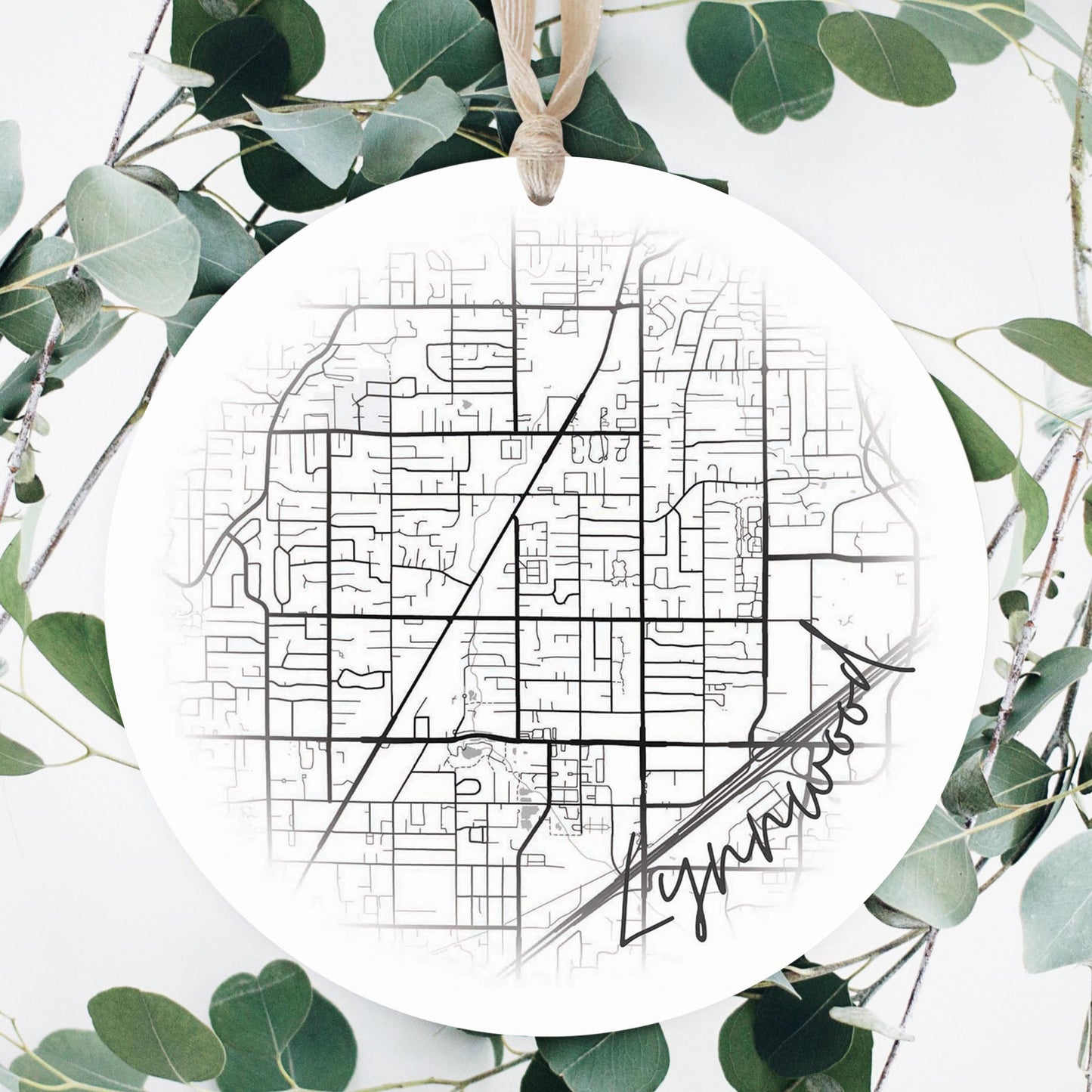 Minimalistic B&W Washington Lynnwood Circle Map | Wood Ornament | Eaches | Min 1