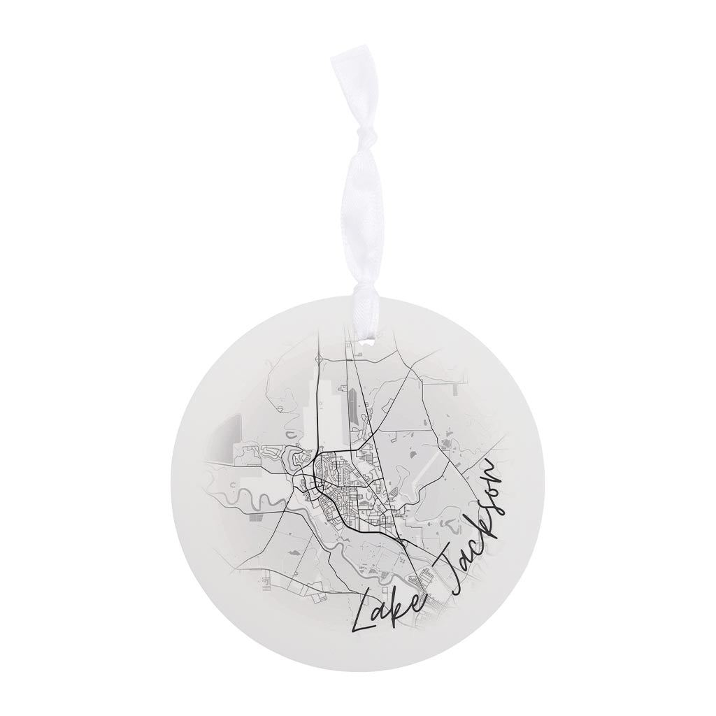 Minimalistic B&W Texas Lake Jackson Circle Map | Wood Ornament | Eaches | Min 6