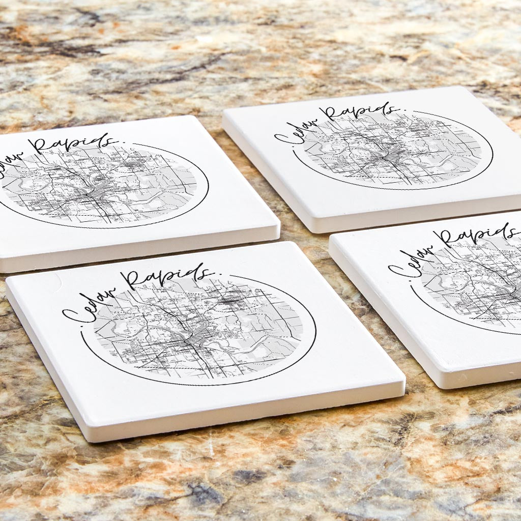 Minimalistic B&W Iowa Cedar Rapids Circle Map| Absorbent Coasters | Set of 4 | Min 2