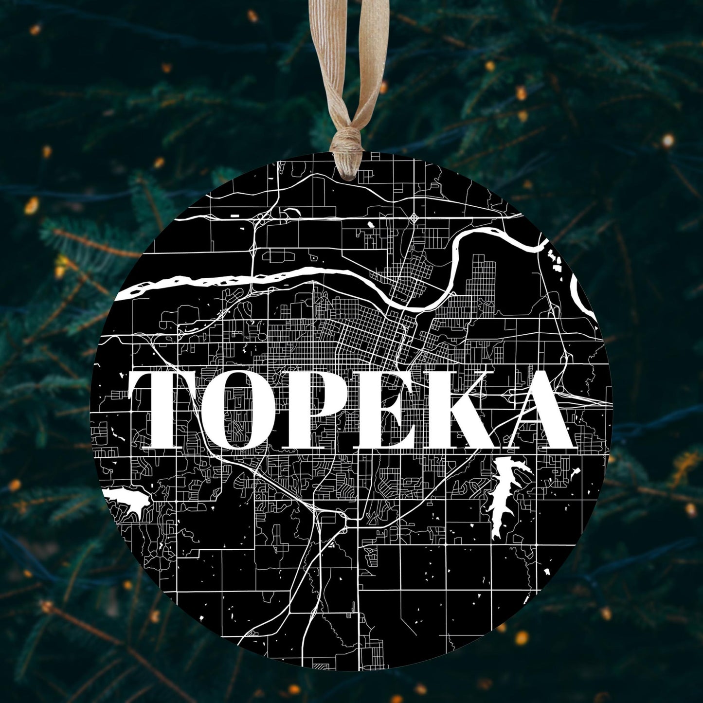 Minimalist B&W Kansas Topeka Map | Wood Ornament | Eaches | Min 1