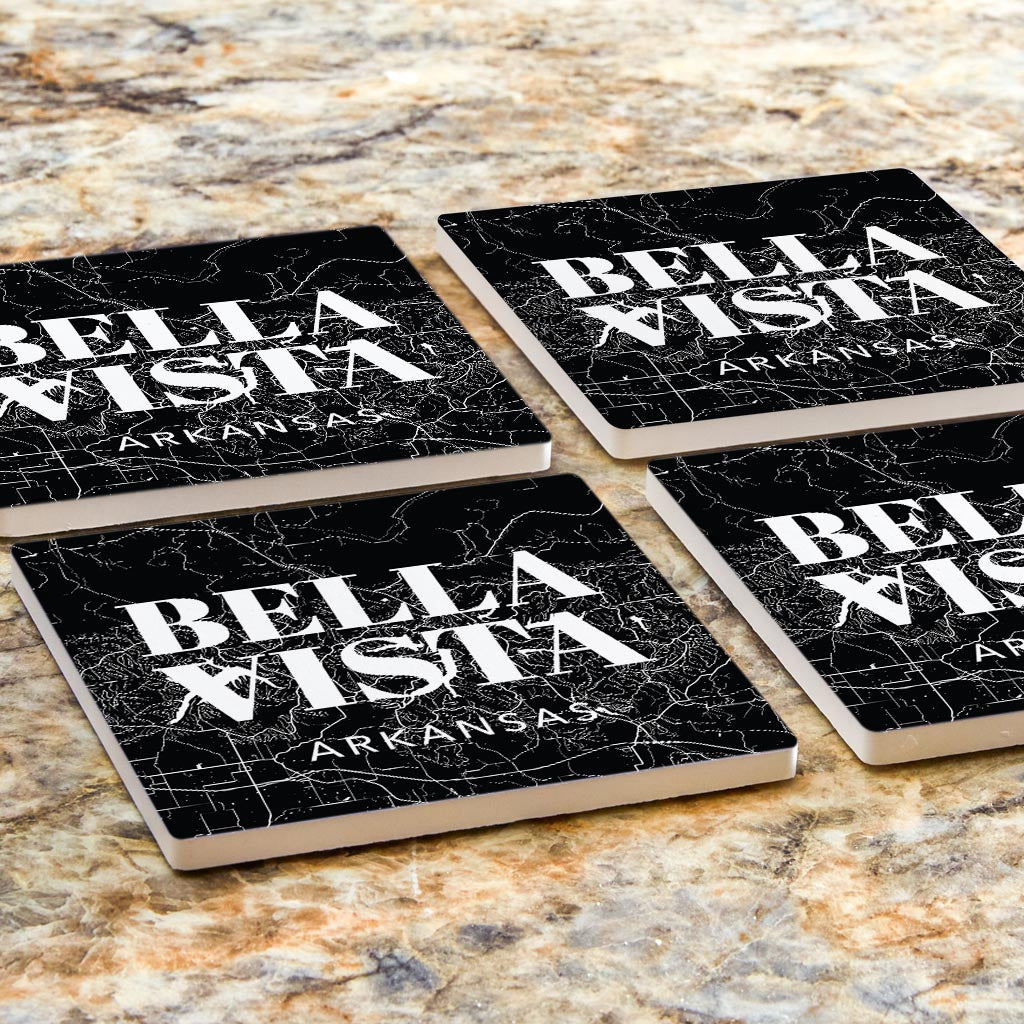 Minimalist B&W Arkansas Bella Vista Map State | Absorbent Coasters | Set of 4 | Min 2