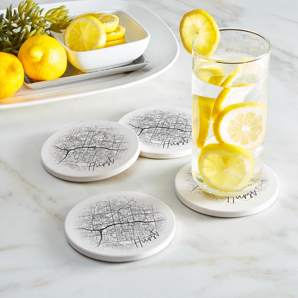 Minimalistic B&W Texas Hurst Circle Map | Absorbent Coasters | Set of 4 | Min 2