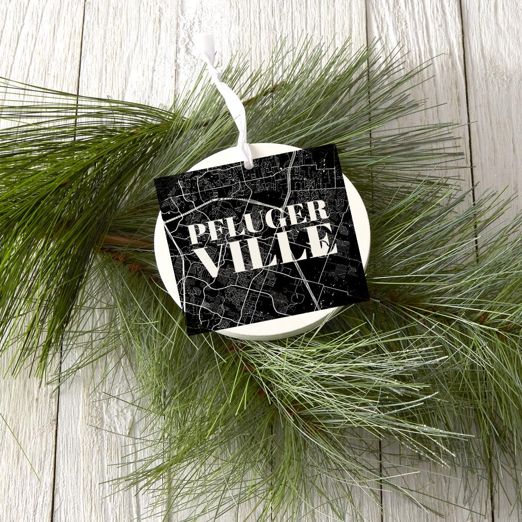 Minimalistic B&W Texas Pflugerville Map | Wood Ornament | Eaches | Min 6