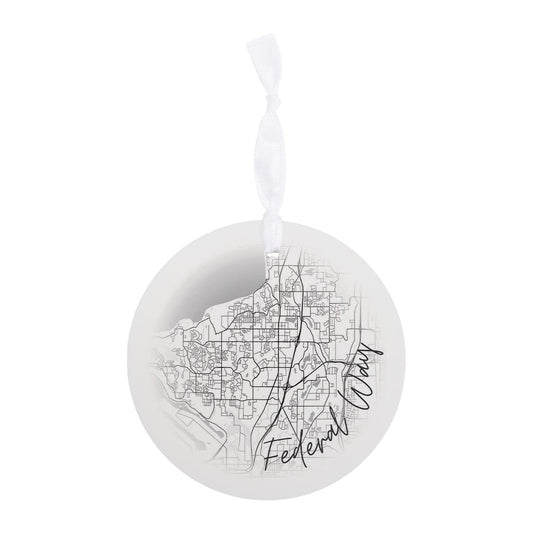 Minimalistic B&W Washington Federal Way Circle Map | Wood Ornament | Eaches | Min 6